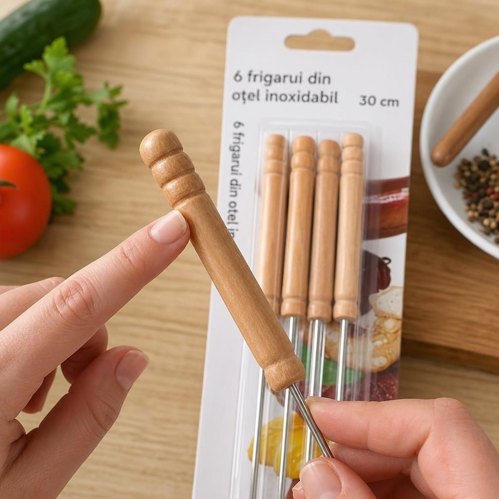Tepuse pentru frigarui, Flippy, rotunde, cu maner din lemn, din metal, Set 6 bucati, pentru gratar si BBQ, 30 cm