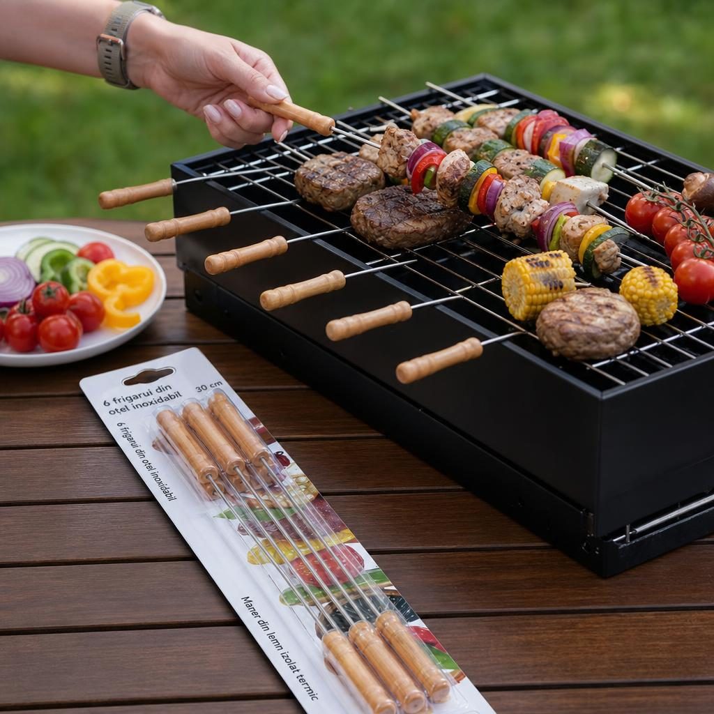 Tepuse pentru frigarui, Flippy, rotunde, cu maner din lemn, din metal, Set 6 bucati, pentru gratar si BBQ, 30 cm