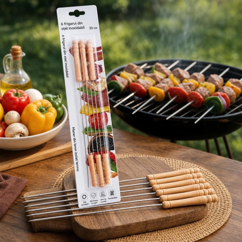 Set 6 Tepuse pentru Frigarui, , Rotunde, cu Maner din Lemn, din Metal, pentru Gratar si BBQ, 30 cm, Argintiu 3