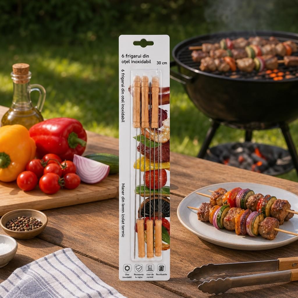 Set 6 Tepuse pentru Frigarui, , Rotunde, cu Maner din Lemn, din Metal, pentru Gratar si BBQ, 30 cm, Argintiu 5