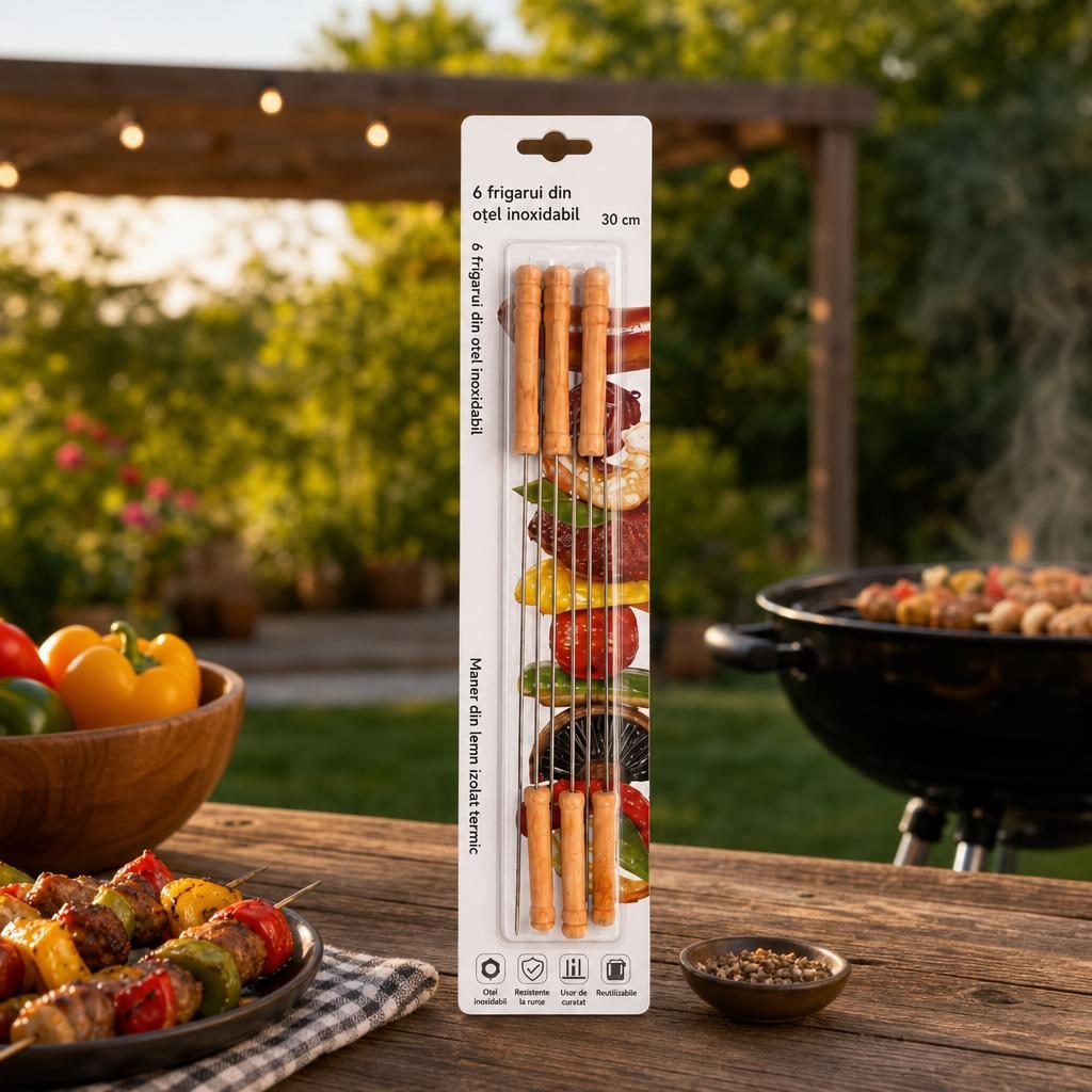 Tepuse pentru frigarui, Flippy, rotunde, cu maner din lemn, din metal, Set 6 bucati, pentru gratar si BBQ, 30 cm