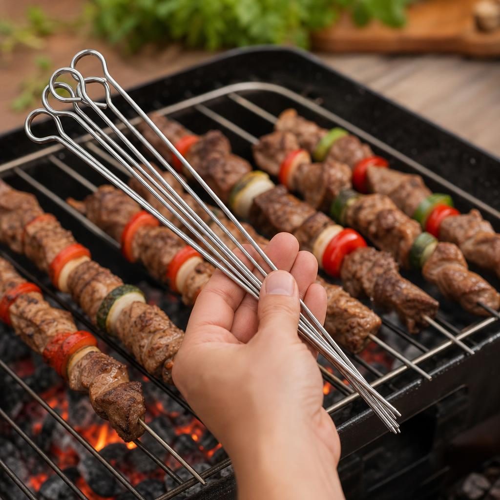 Tepuse pentru frigarui, Flippy, rotunde, din metal, pentru gratar si BBQ, 30 cm, Argintiu