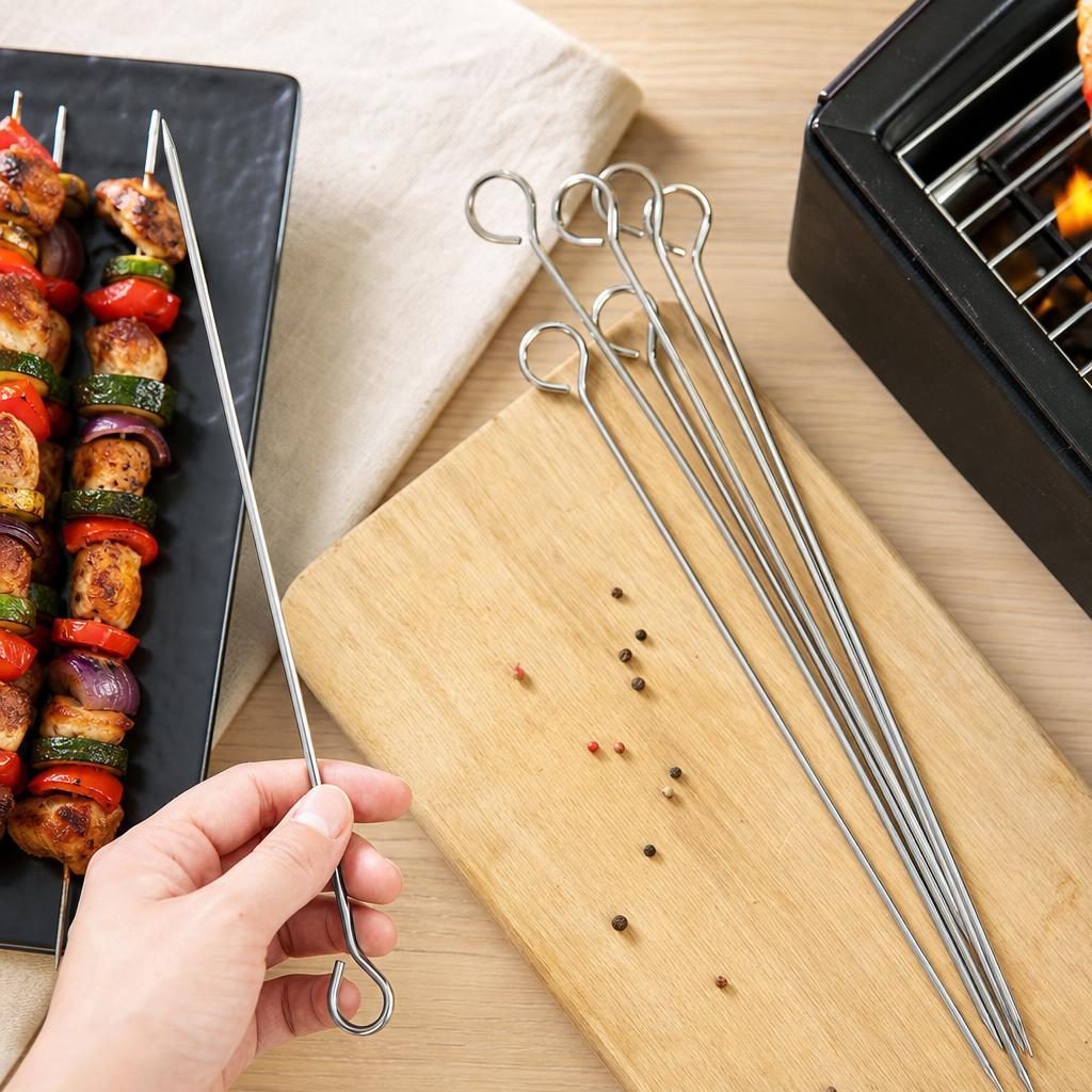 Set 6 Tepuse pentru Frigarui, , Rotunde, din Metal, pentru Gratar si BBQ, 30 cm, Argintiu 5