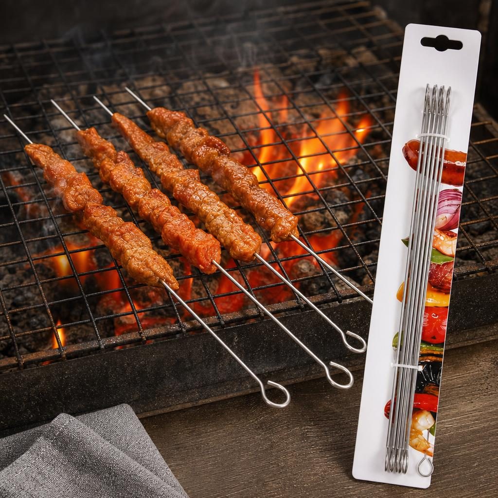 Set 6 Tepuse pentru Frigarui, , Rotunde, din Metal, pentru Gratar si BBQ, 35 cm, Argintiu 3