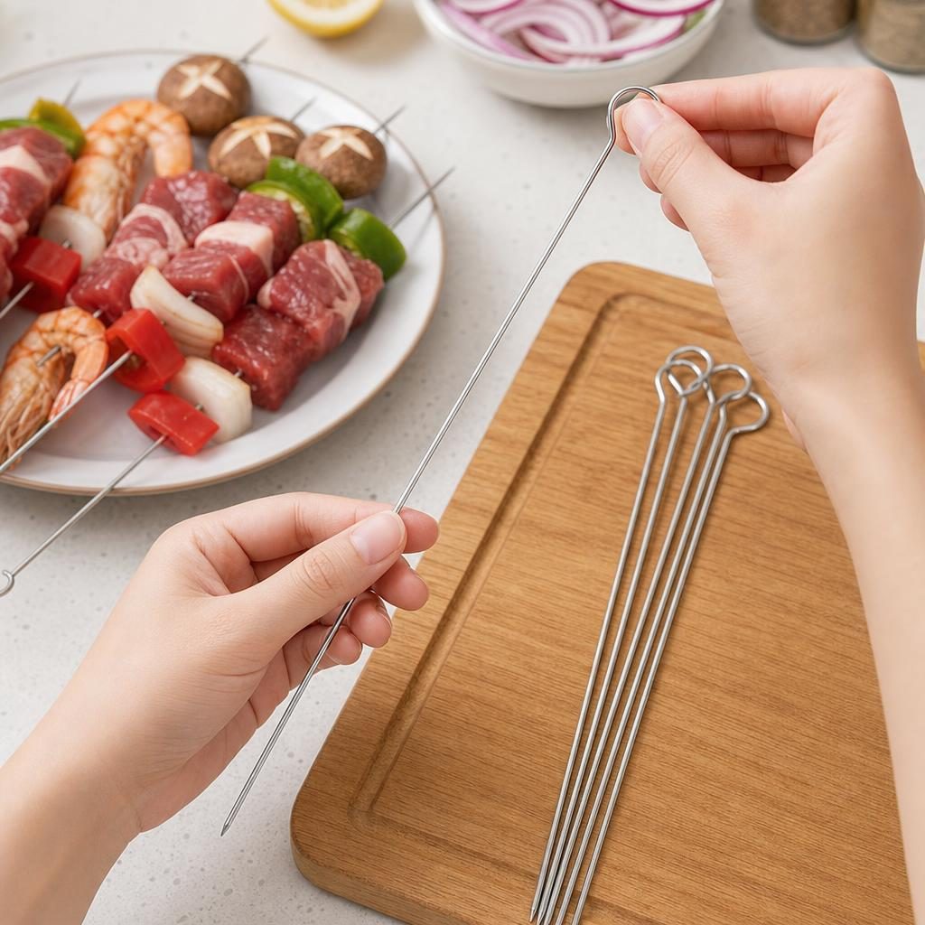 Set 6 Tepuse pentru Frigarui, , Rotunde, din Metal, pentru Gratar si BBQ, 35 cm, Argintiu 5