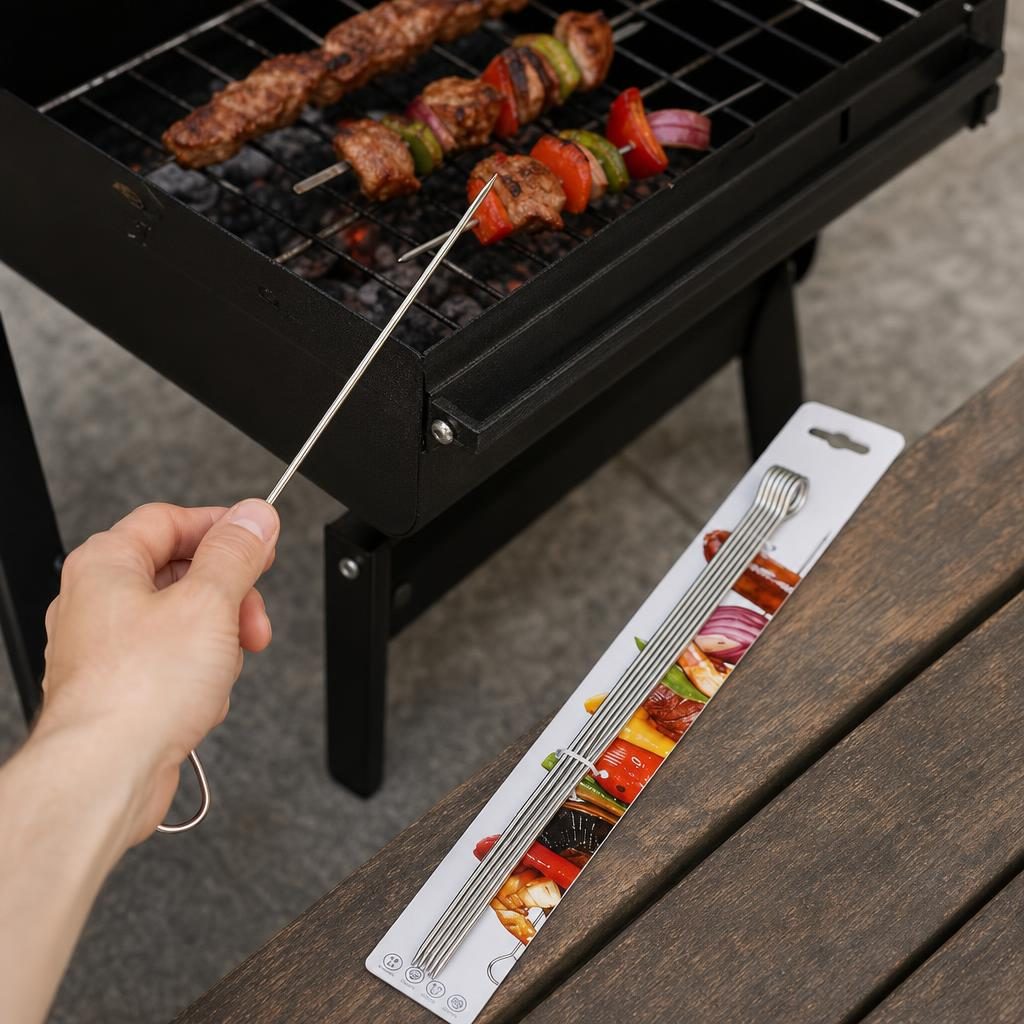 Set 6 Tepuse pentru Frigarui, , Rotunde, din Metal, pentru Gratar si BBQ, 40 cm, Argintiu 4