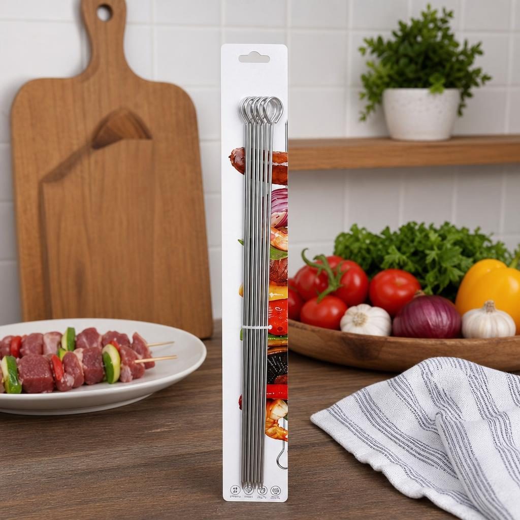 Set 6 Tepuse pentru Frigarui, , Rotunde, din Metal, pentru Gratar si BBQ, 40 cm, Argintiu 5