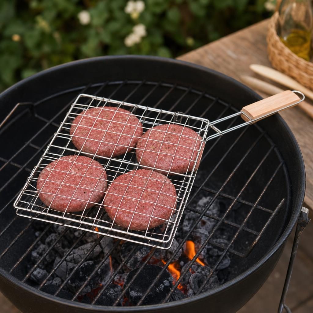 Suport pentru hamburgeri la gratar, , pentru 4 burgeri, din metal, pentru BBQ, 21.5x19 cm, Argintiu 3