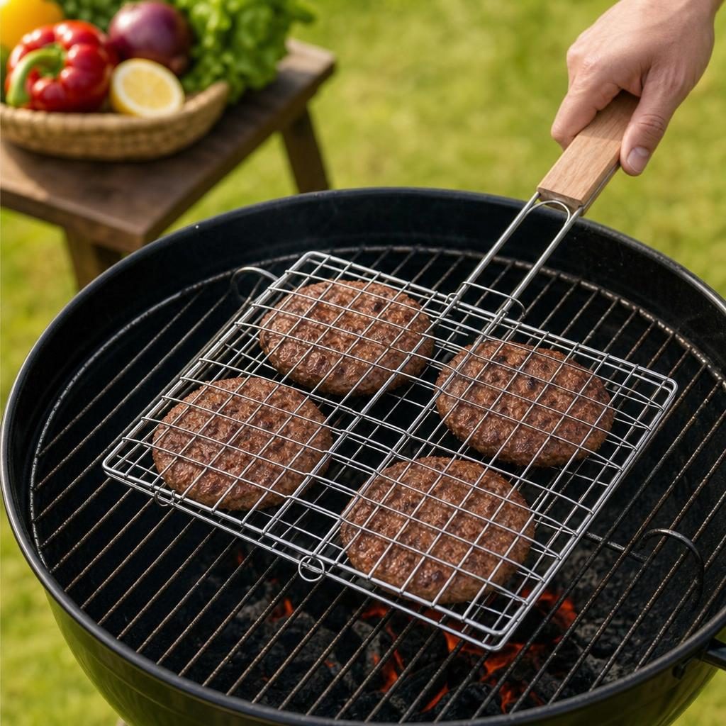 Suport pentru hamburgeri la gratar, Flippy, pentru 4 burgeri, din metal, pentru BBQ, 21.5x19 cm