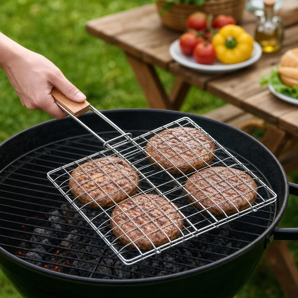Suport pentru hamburgeri la gratar, Flippy, pentru 4 burgeri, din metal, pentru BBQ, 21.5x19 cm