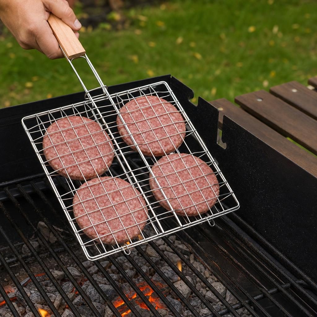 Suport pentru hamburgeri la gratar, , pentru 4 burgeri, din metal, pentru BBQ, 21.5x19 cm, Argintiu 5