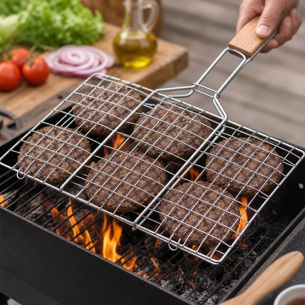 Suport pentru hamburgeri la gratar, , pentru 6 burgeri, cu maner plat, din metal, pentru BBQ, 32x19 cm 2