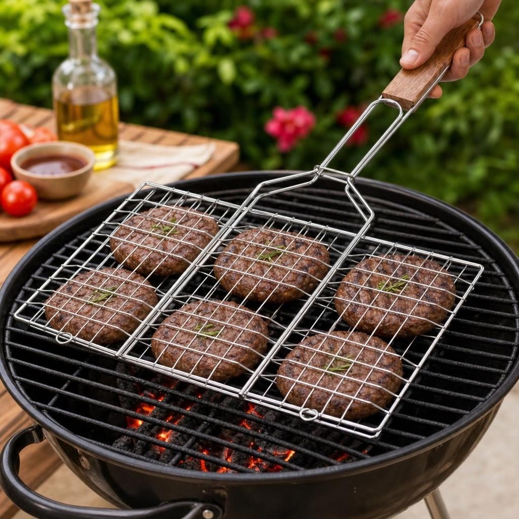 Suport pentru hamburgeri la gratar, Flippy, pentru 6 burgeri, cu maner plat, din metal, pentru BBQ, 32x19 cm