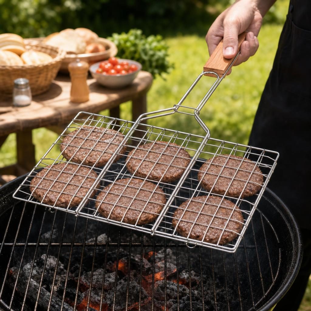 Suport pentru hamburgeri la gratar, , pentru 6 burgeri, cu maner plat, din metal, pentru BBQ, 32x19 cm 4