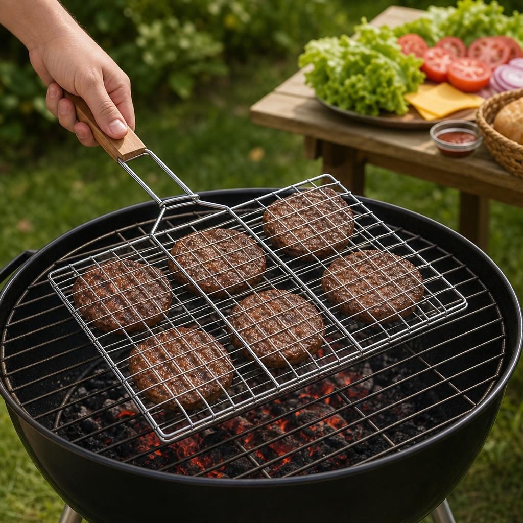 Suport pentru hamburgeri la gratar, , pentru 6 burgeri, cu maner plat, din metal, pentru BBQ, 32x19 cm 5