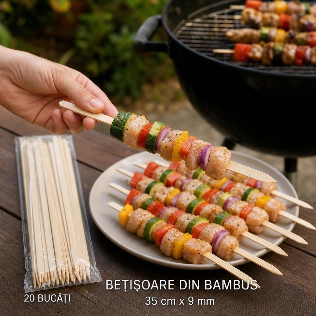 Set 20 Bete Pentru Frigarui, , Plate, Din Bambus, Pentru Gratar si BBQ 2