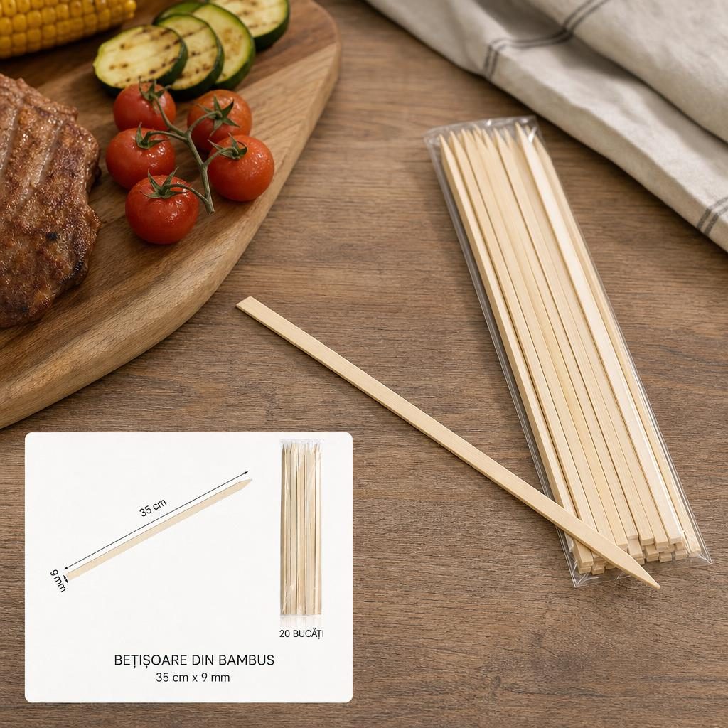 Set 20 Bete Pentru Frigarui, , Plate, Din Bambus, Pentru Gratar si BBQ 5