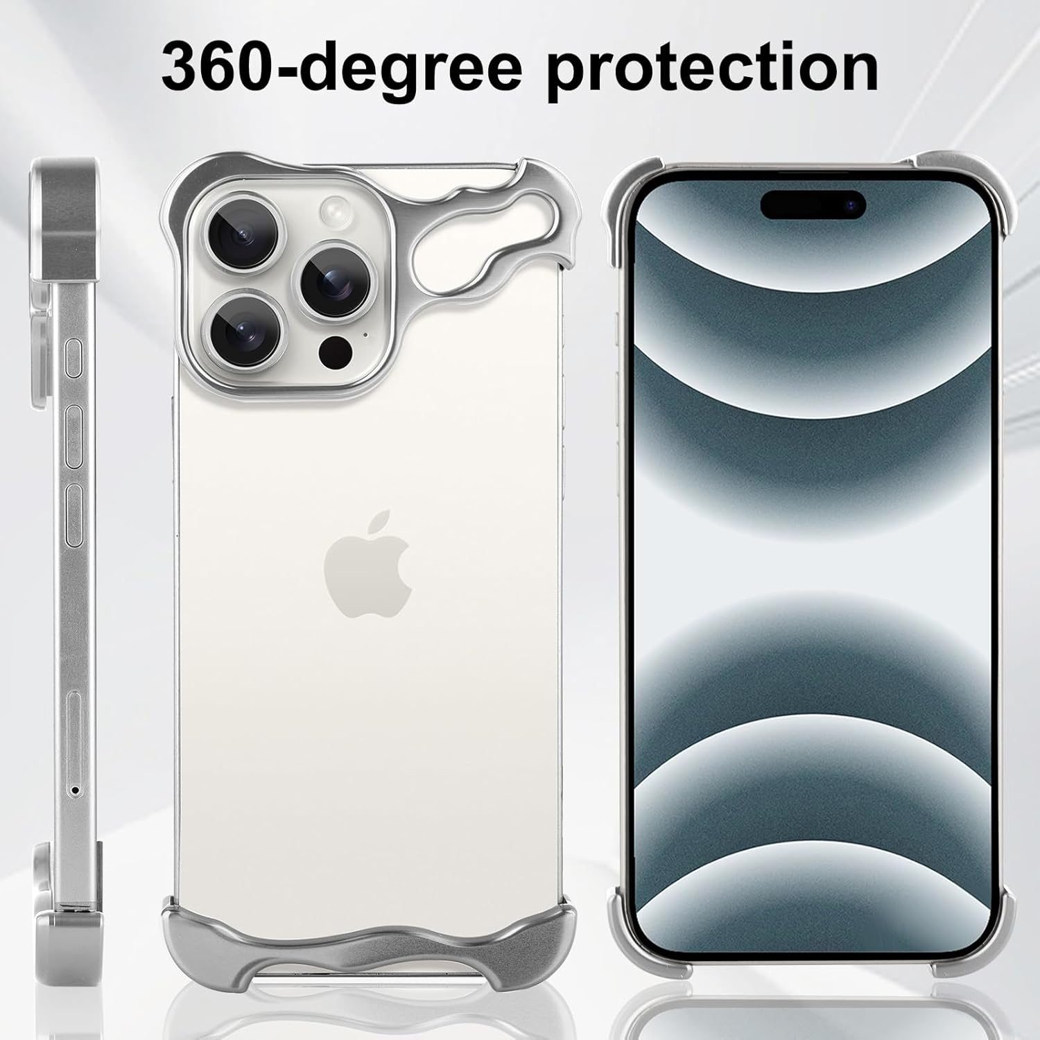 Husa Metalica Compatibila cu iPhone 16 Pro, , Protectie pentru Colturile Telefonului si Camera, Aliaj, Antisoc, Antizgariere, Argintiu 5