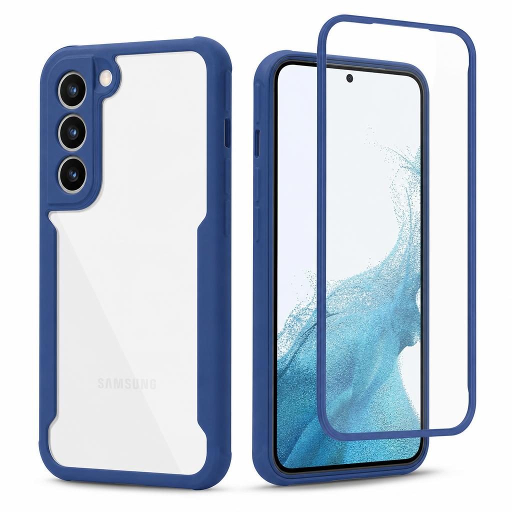 Husa Max Defence pentru Samsung Galaxy S22, Bumper Albastru, Fata Dubla Transparenta, Protectie Antisoc Full 360 ( fata, spate, margini ), Flippy