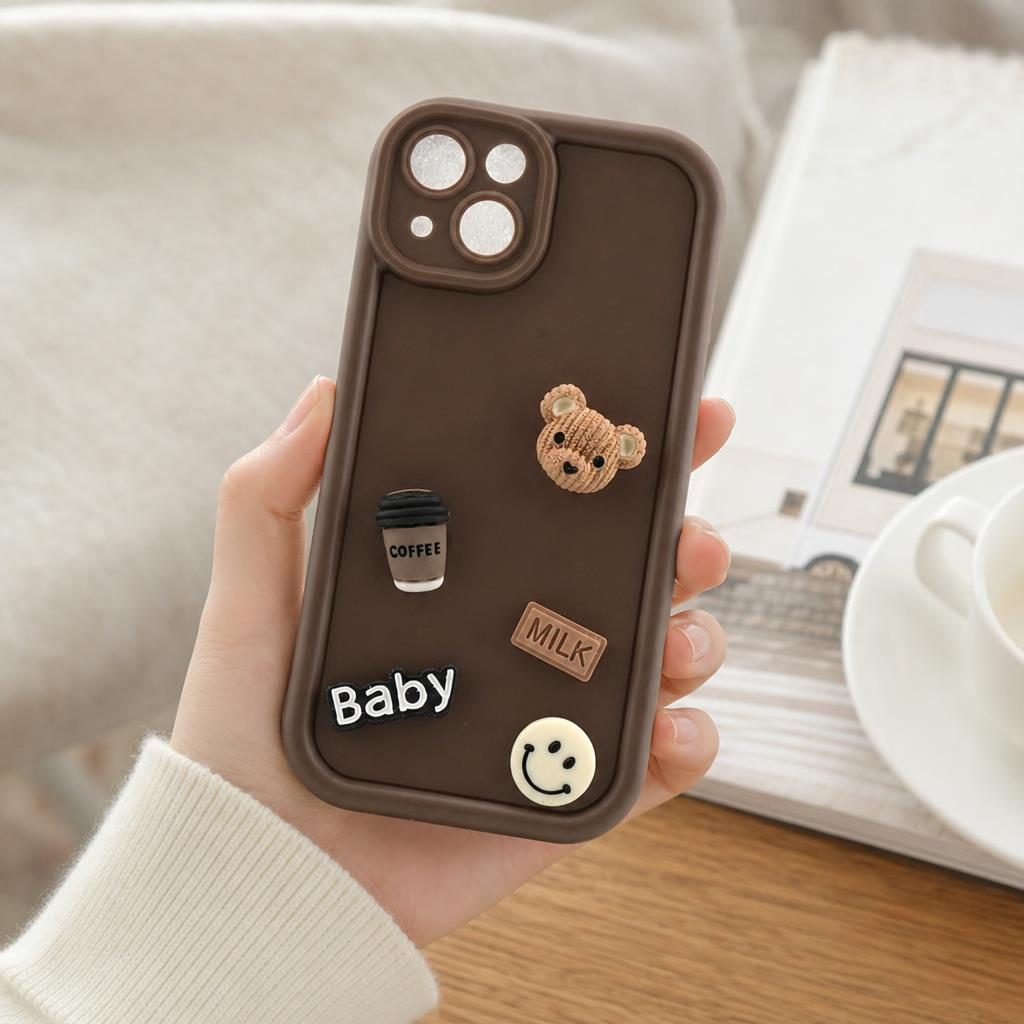 Husa de Protectie, Flippy, pentru Apple iPhone 13, Model Ursuleti 3D, Antisoc, Rezistenta la Impact, Protectie Camera, Maro