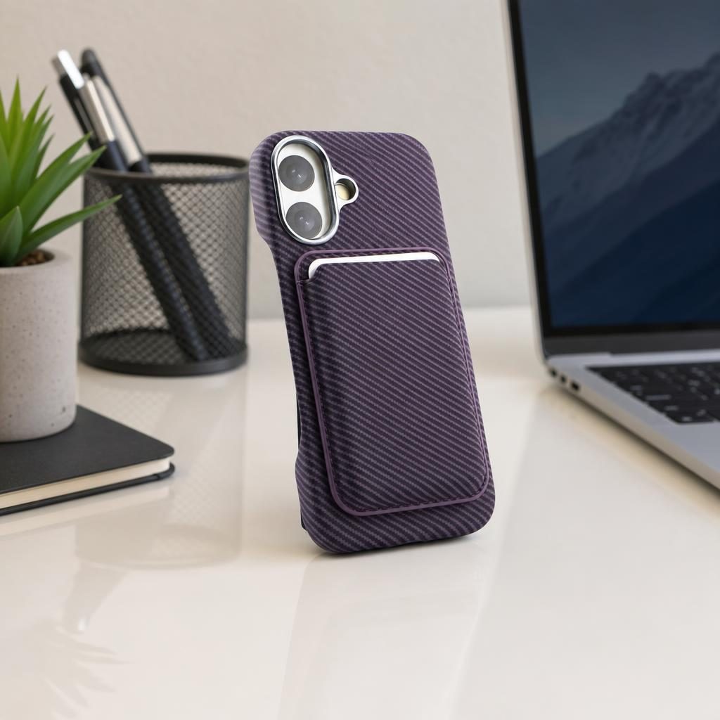 Husa MagSafe pentru iPhone 17, Flippy, Suport Card Detasabil, Carcasa pentru Telefon, Textura Fibra de Carbon, Business Style, Mov