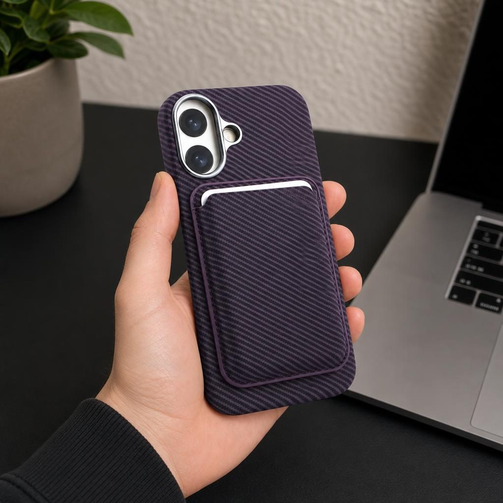 Husa MagSafe pentru iPhone 17, Flippy, Suport Card Detasabil, Carcasa pentru Telefon, Textura Fibra de Carbon, Business Style, Mov