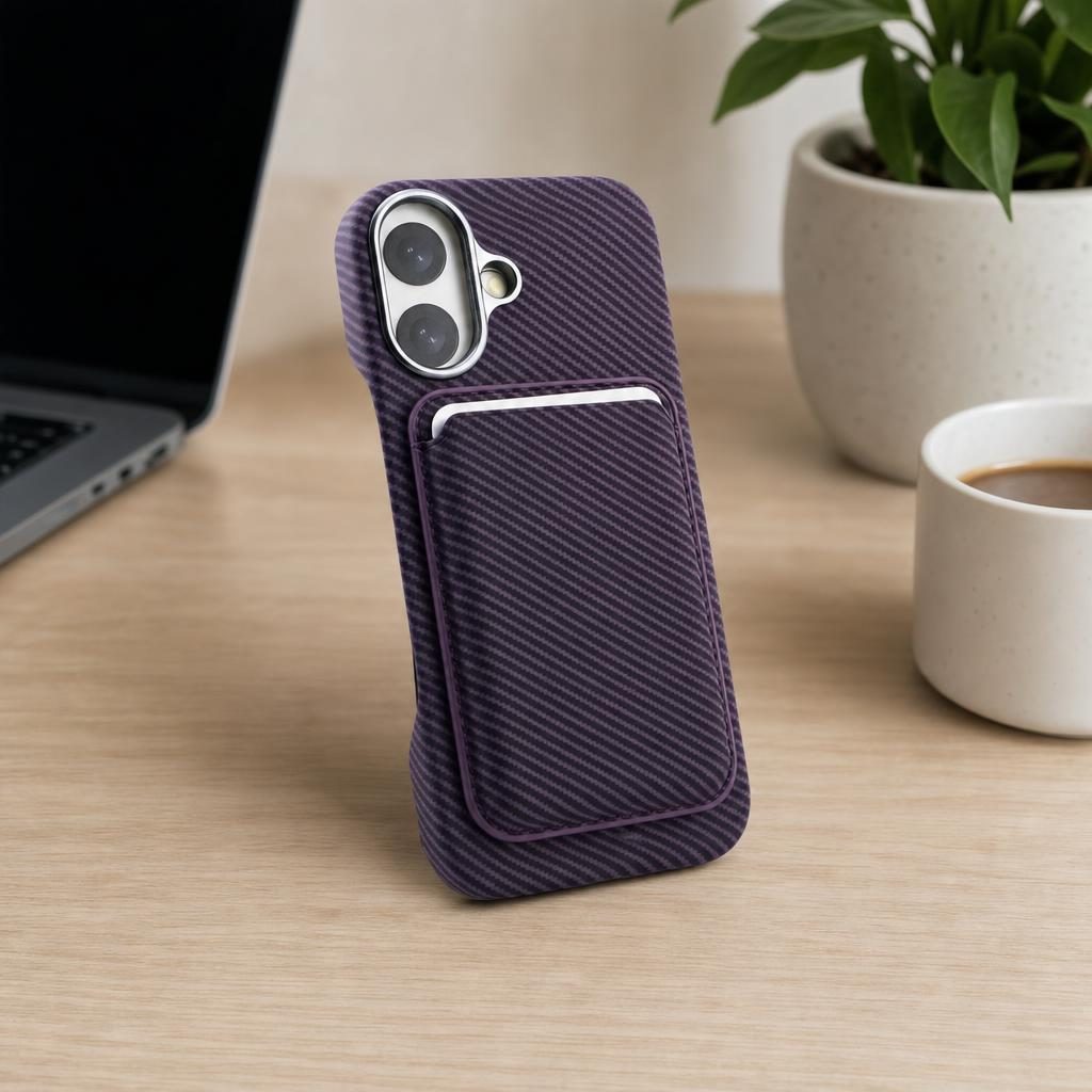 Husa MagSafe pentru iPhone 17, Flippy, Suport Card Detasabil, Carcasa pentru Telefon, Textura Fibra de Carbon, Business Style, Mov
