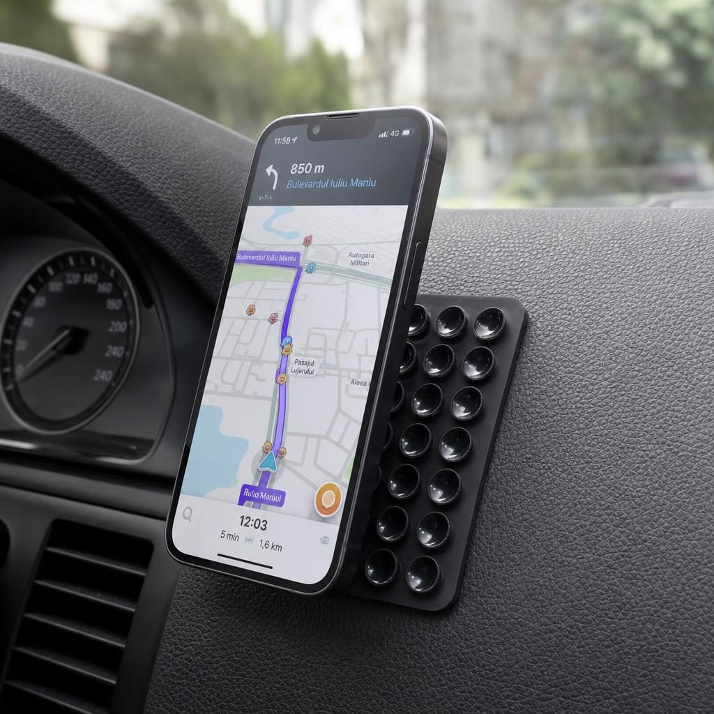 Detaliu suport Flippy cu ventuze pentru telefon, din silicon negru