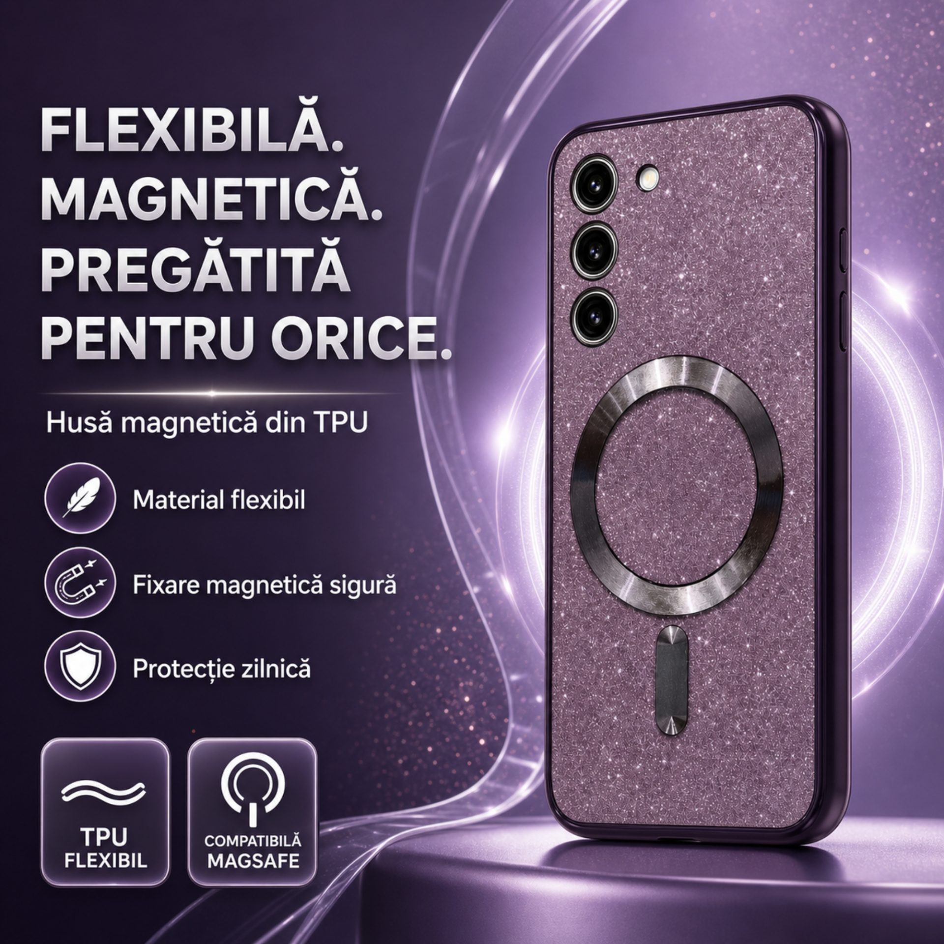 Detaliu design glitter chrome husa Flippy Galaxy S23