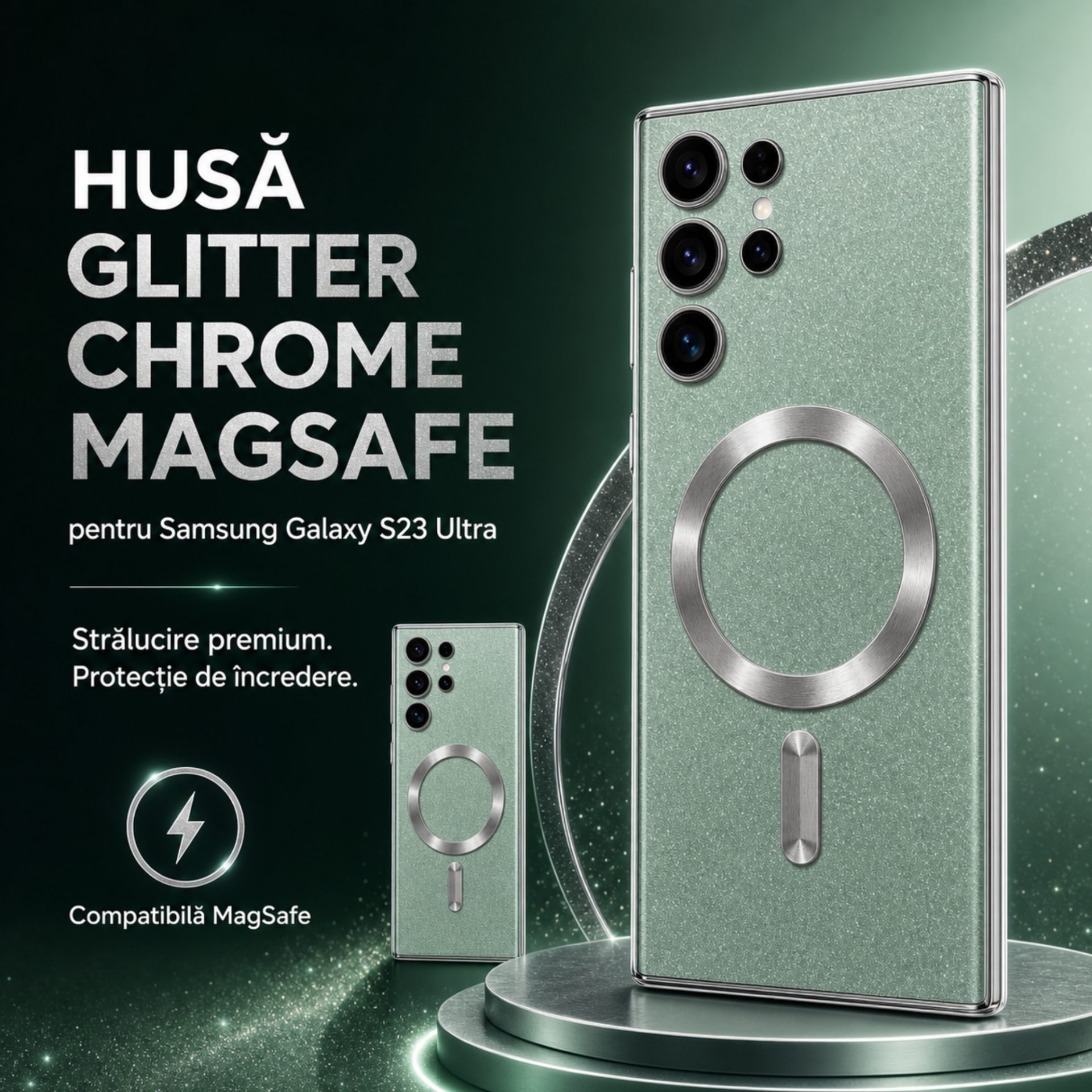 Detaliu design glitter chrome verde MagSafe
