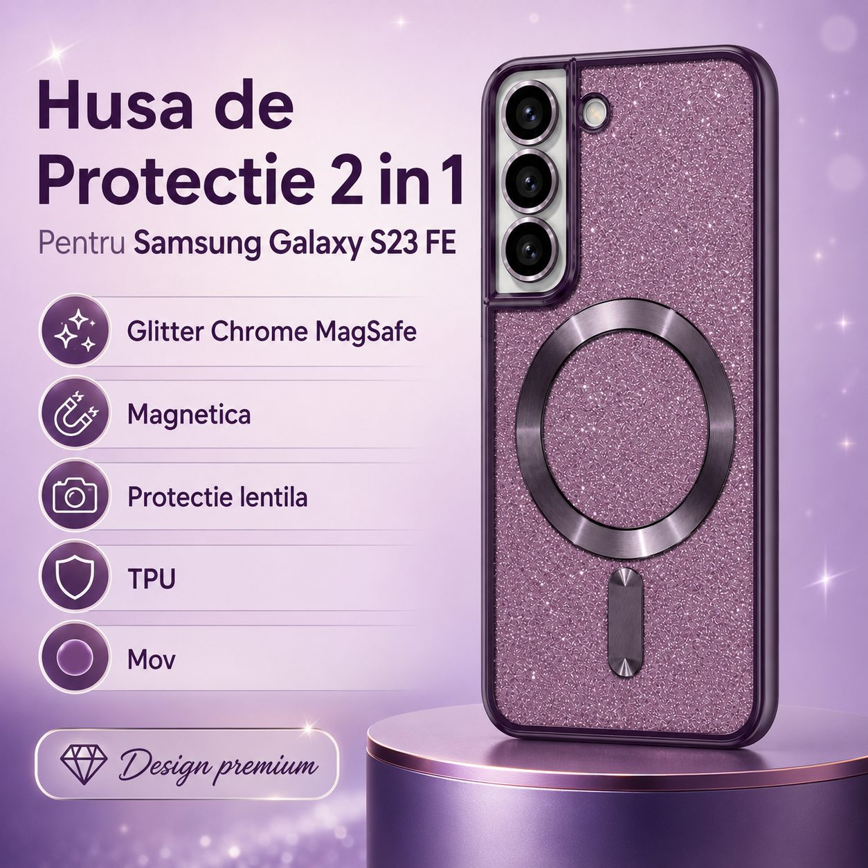 Husa de Protectie 2 in 1, , pentru Samsung Galaxy S23FE, Glitter Chrome Magsafe, din TPU, Magnetica, cu Protectie Lentila, Mov 4