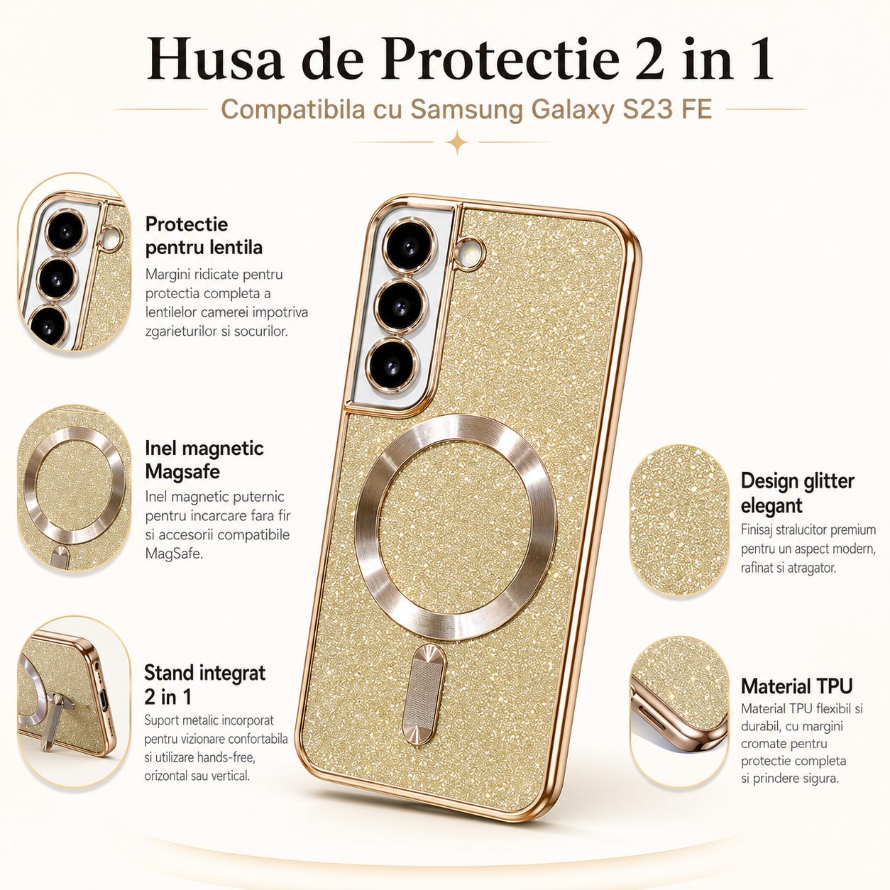 Husa de Protectie 2 in 1, , pentru Samsung Galaxy S23FE, Glitter Chrome Magsafe, din TPU, Magnetica, cu Protectie Lentila, Auriu 3