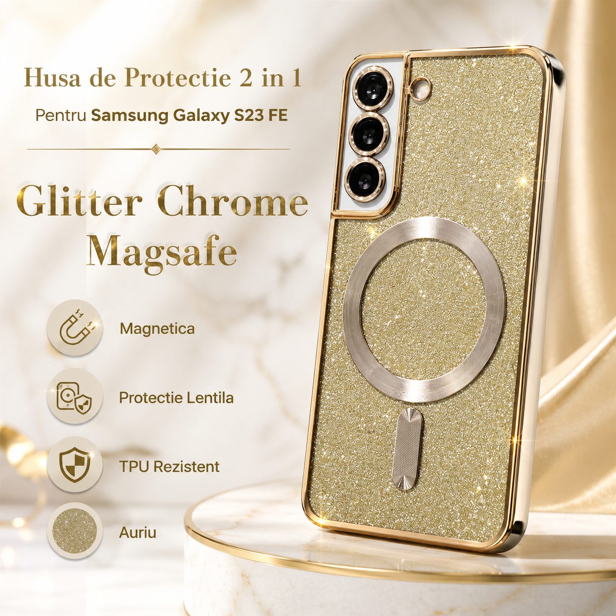 Husa de Protectie 2 in 1, , pentru Samsung Galaxy S23FE, Glitter Chrome Magsafe, din TPU, Magnetica, cu Protectie Lentila, Auriu 2