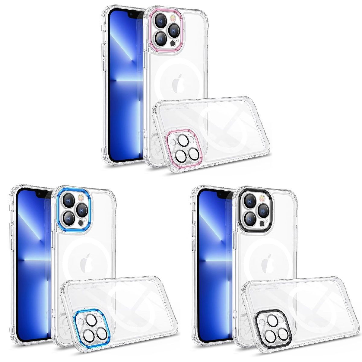 Husa MagSafe Silicone, Compatibila cu Apple, TOPinStock, Transparenta, Magnetica, Extra Protectie Camera - Imagine
