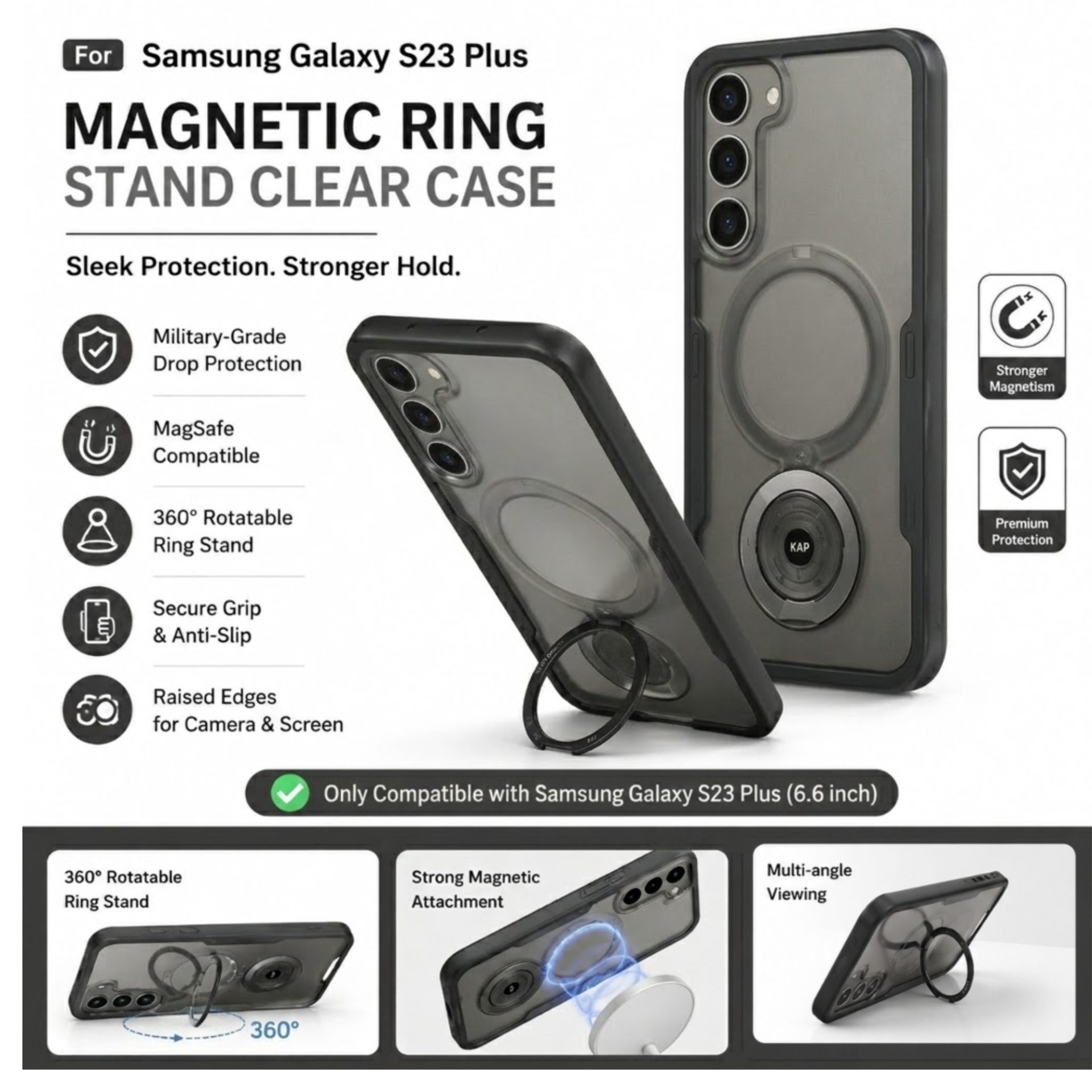Husa de protectie Flippy, cu incarcare Wireless, Tehnologie Magsafe, TPU, Inel magnetic rotativ cu functie de suport, pentru  Samsung Galaxy S23 Plus , Negru