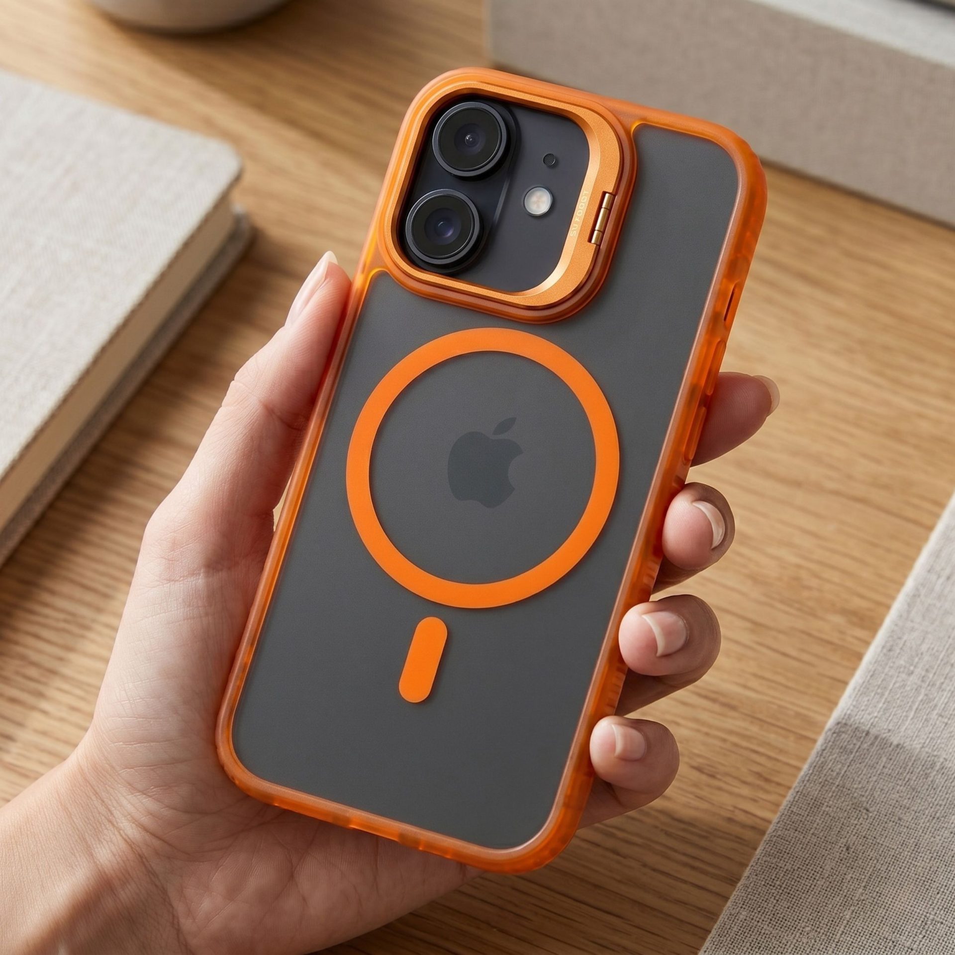 Husa de Protectie Telefon, , Compatibila cu iPhone 17, MagSafe, Acrylic, Suport Metalic Protectie Camera, Anti-Soc, Portocaliu 4