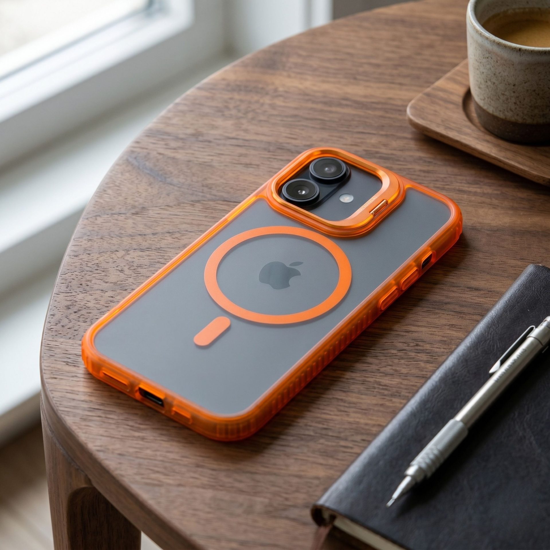 Husa de Protectie Telefon, , Compatibila cu iPhone 17, MagSafe, Acrylic, Suport Metalic Protectie Camera, Anti-Soc, Portocaliu 3