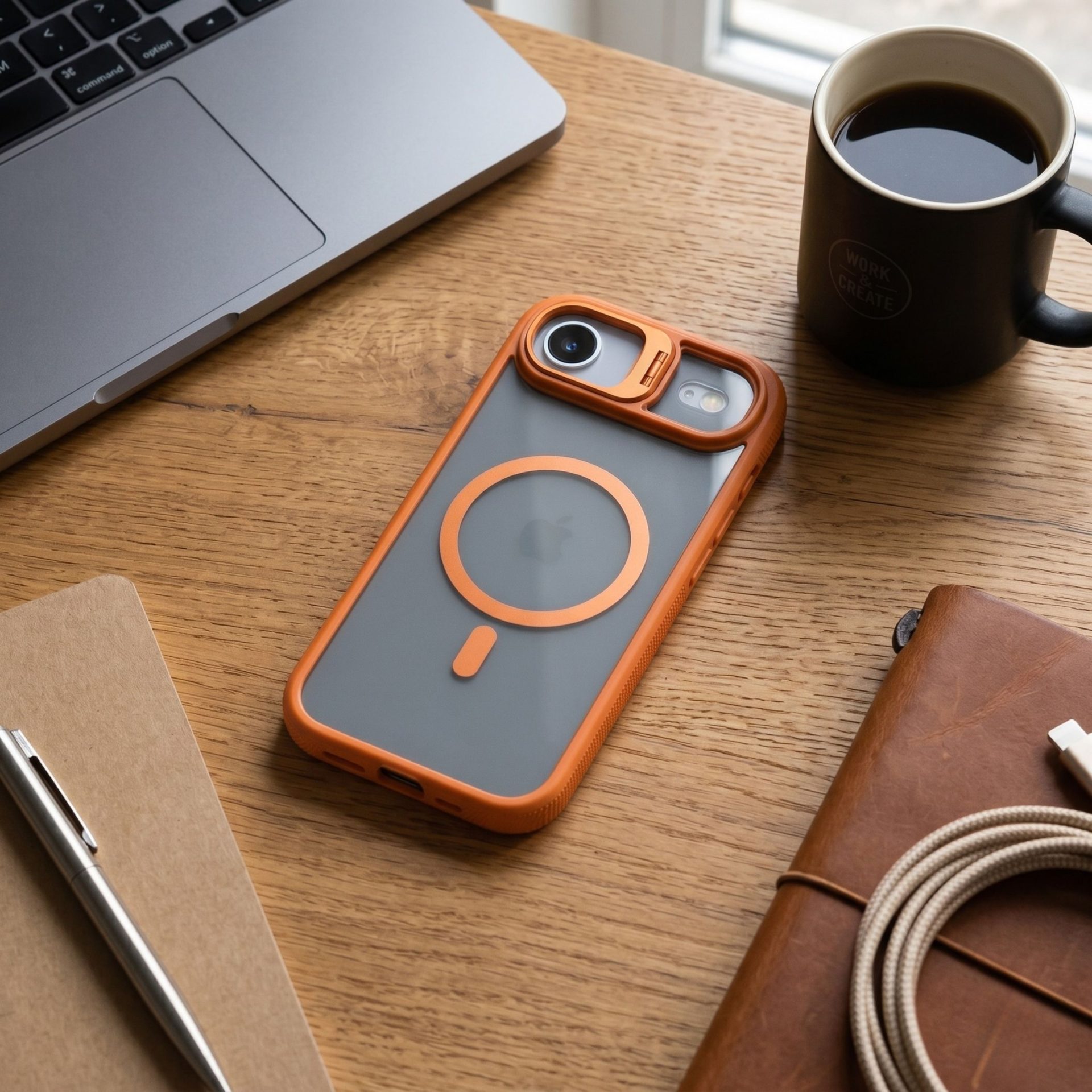 Husa de Protectie Telefon, , Compatibila cu iPhone 17 Air, MagSafe, Acrylic, Suport Metalic Protectie Camera, Anti-Soc, Portocaliu 2