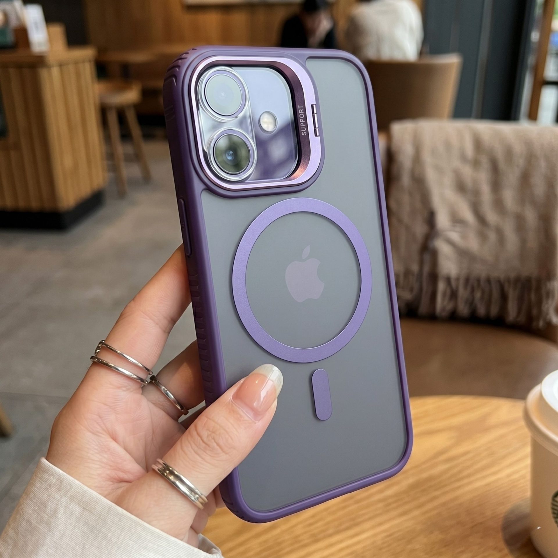 Husa de Protectie Telefon, , Compatibila cu iPhone 17, MagSafe, Acrylic, Suport Metalic Protectie Camera, Anti-Soc, Mov Inchis 2