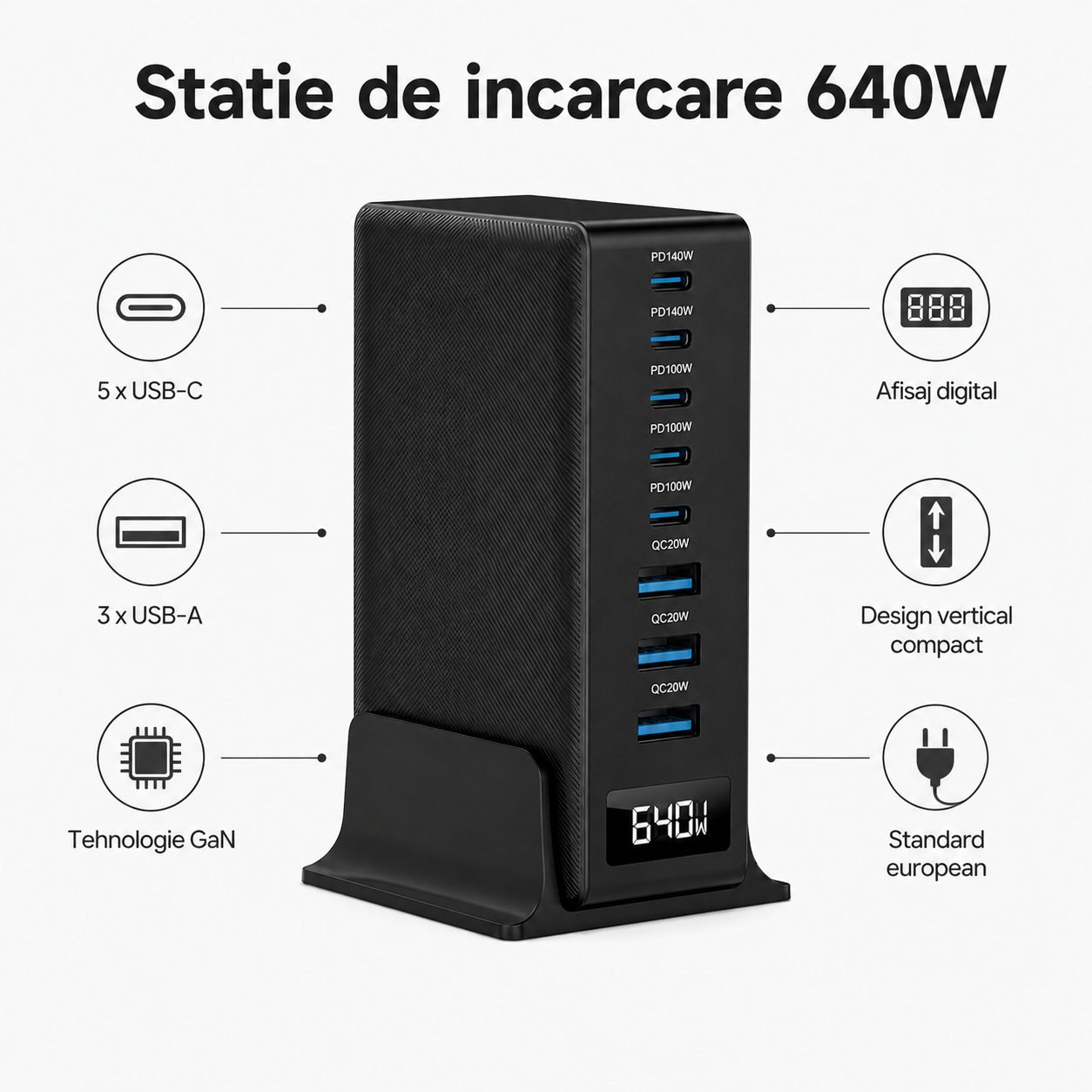 Statie de Incarcare Desktop 640W, , Tehnologie GaN, Fast Charging, 8 Porturi, Afisaj Digital, Standard European, Negru 4