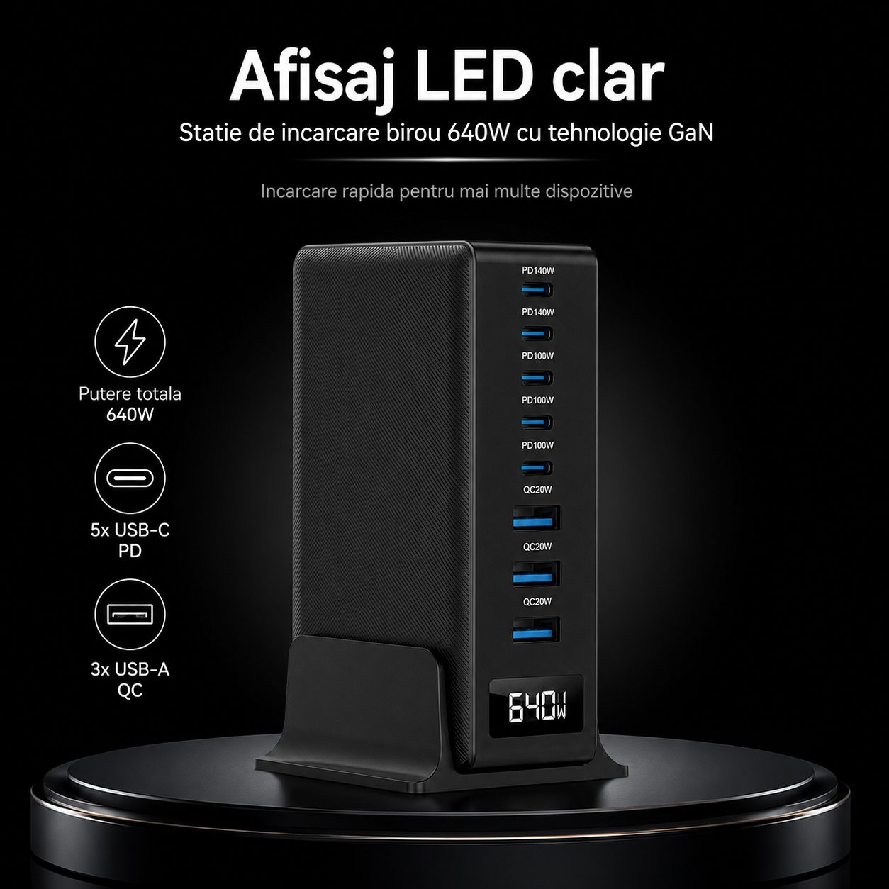 Statie de Incarcare Desktop 640W, , Tehnologie GaN, Fast Charging, 8 Porturi, Afisaj Digital, Standard European, Negru 5