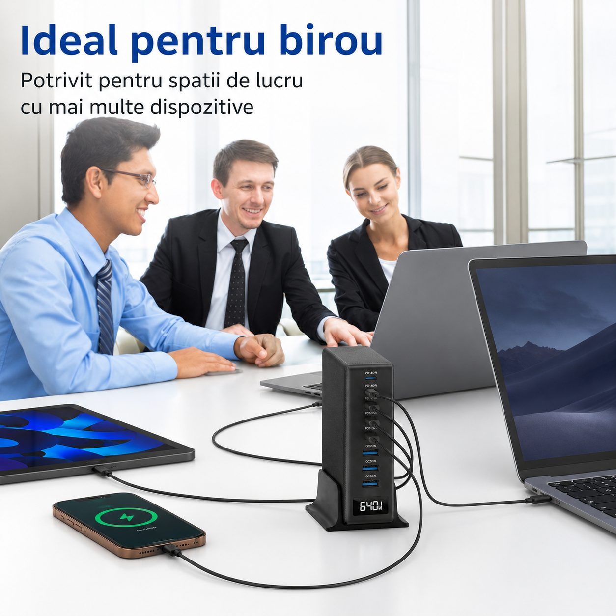 Statie de Incarcare Desktop 640W, , Tehnologie GaN, Fast Charging, 8 Porturi, Afisaj Digital, Standard European, Negru 3