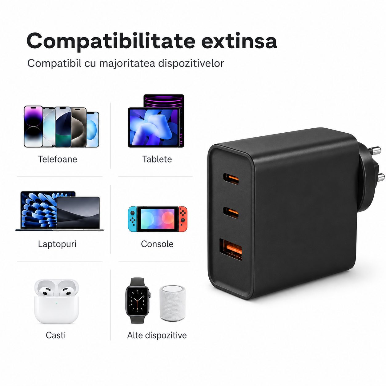Adaptor Priza USB-C 100W, , Tehnologie GaN, Incarcare Rapida PD, Compatibil Telefoane, Tablete si Laptopuri, Negru 5