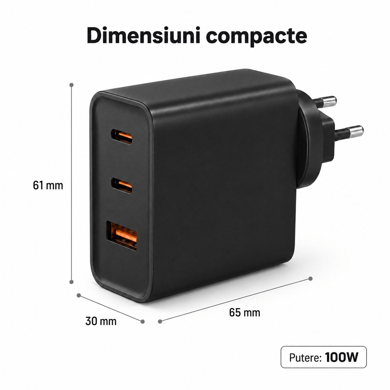 Adaptor Priza USB-C 100W, , Tehnologie GaN, Incarcare Rapida PD, Compatibil Telefoane, Tablete si Laptopuri, Negru 3