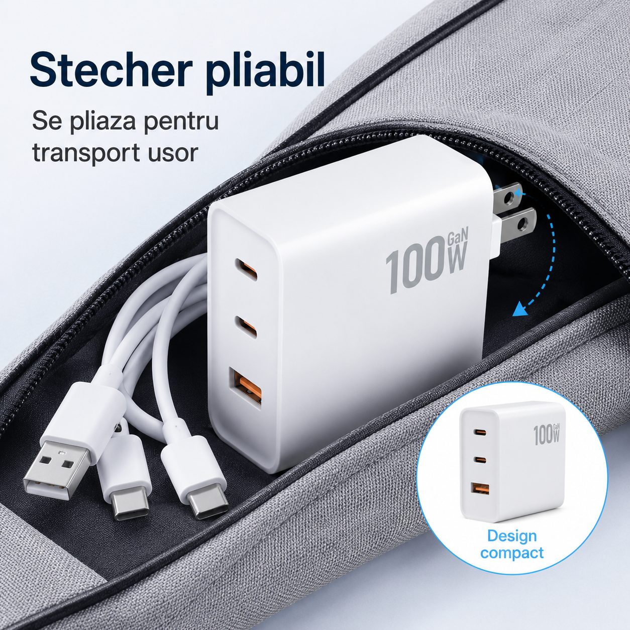Adaptor Priza USB-C 100W, , Tehnologie GaN, Incarcare Rapida PD, Compatibil Telefoane, Tablete si Laptopuri, Alb 5