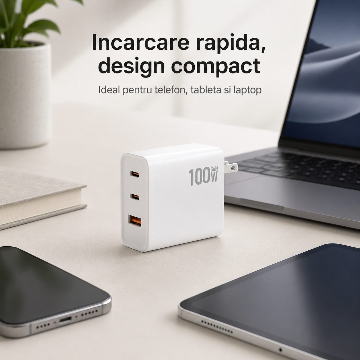 Adaptor Priza USB-C 100W, , Tehnologie GaN, Incarcare Rapida PD, Compatibil Telefoane, Tablete si Laptopuri, Alb 3