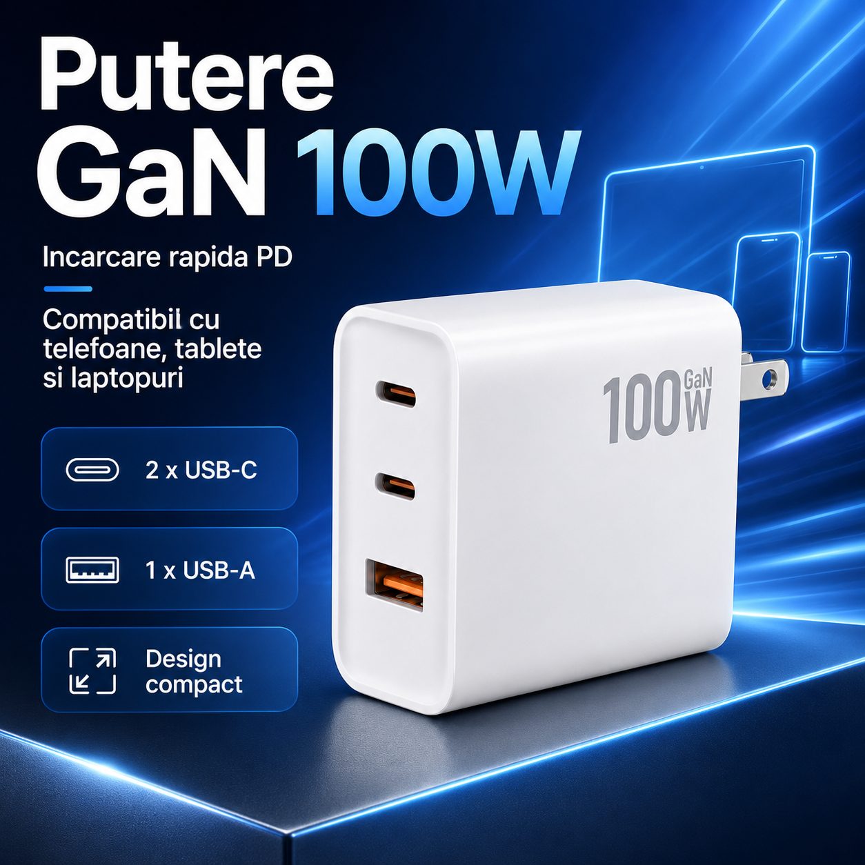 Adaptor Priza USB-C 100W, , Tehnologie GaN, Incarcare Rapida PD, Compatibil Telefoane, Tablete si Laptopuri, Alb 4