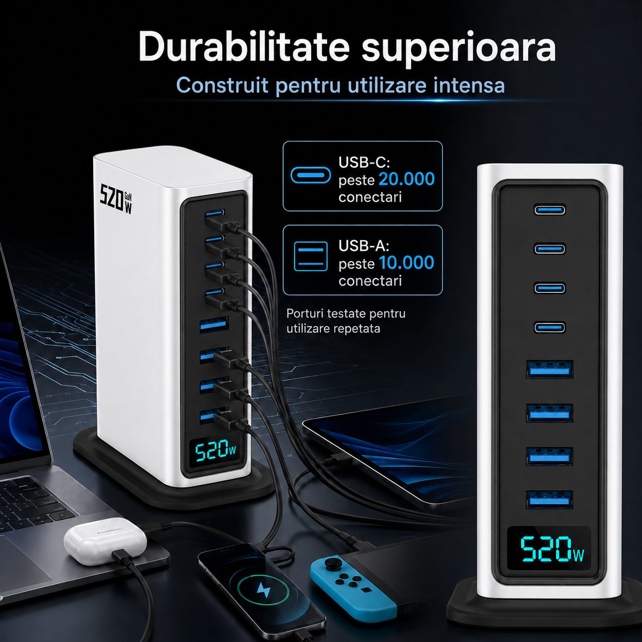 Statie de Incarcare 520W, , Multifunctionala, Fast Charge, Compatibila Apple si Dispozitive USB, Argintiu 3