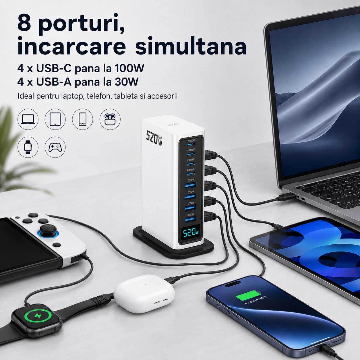 Statie de Incarcare 520W, , Multifunctionala, Fast Charge, Compatibila Apple si Dispozitive USB, Argintiu 5