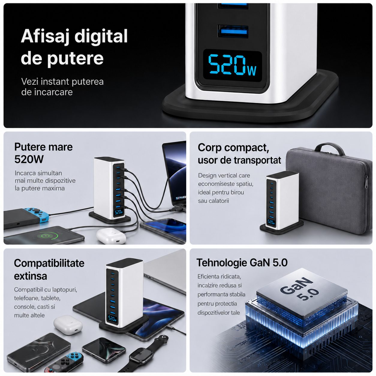 Statie de Incarcare 520W, , Multifunctionala, Fast Charge, Compatibila Apple si Dispozitive USB, Argintiu 2